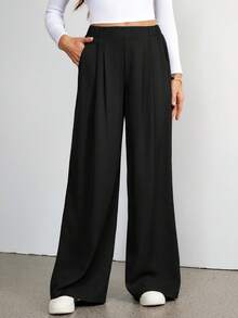 SHEIN Tall Pantalones formales, elegantes y casuales de cintura alta y pierna ancha, para primavera/verano y otoño/invierno - Negro - Ver 4