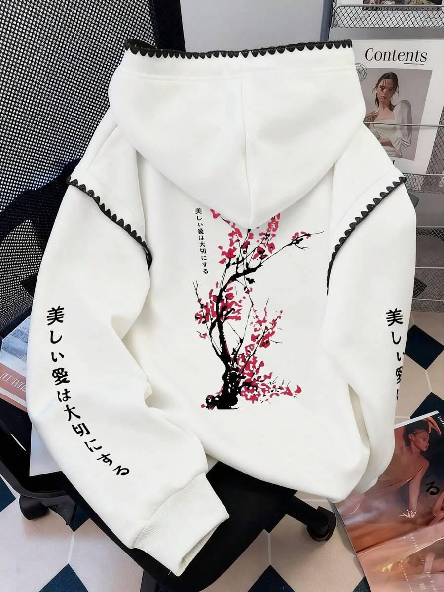 Resyla 女士卫衣 / 花卉、樱桃和字母印花 / 休闲、简约、时尚卫衣 / 时尚上衣 / 趣味卫衣 / 宽松圆领长袖卫衣，适合秋冬季节 / 新年卫衣 / 女士春季套头衫，女士蕾丝边撞色卫衣，长袖上衣，返校秋冬卫衣 - 白色 - 查看 1