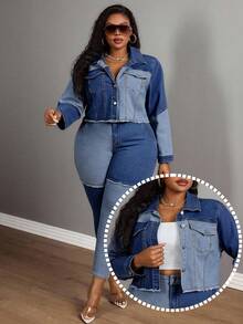 Slaydiva 大码女式牛仔蓝色拼接弹力短外套，长袖牛仔竞技 - 中等水洗藍 - 查看 7