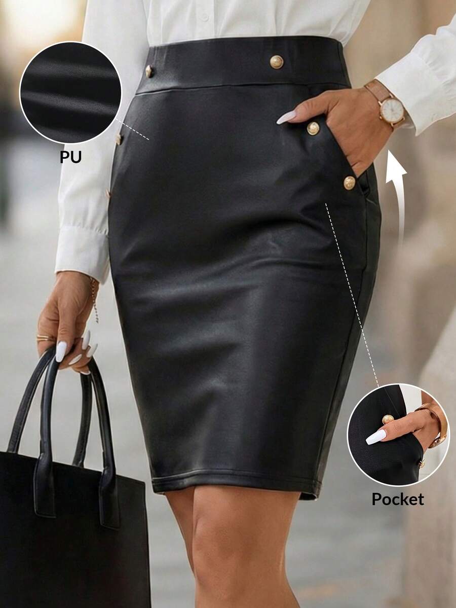 Editum 女式黑色人造皮革弹力优雅铅笔裙，配金色纽扣，百搭工作装