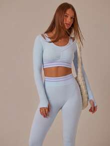 Aralina Bộ đồ tập gym hai mảnh Leisurewear hai tông màu, tay dài, nhún bèo phía trước, có áo ba lỗ hai lớp và quần legging năng động dành cho nữ - Màu xanh bụi bặm - Xem 6