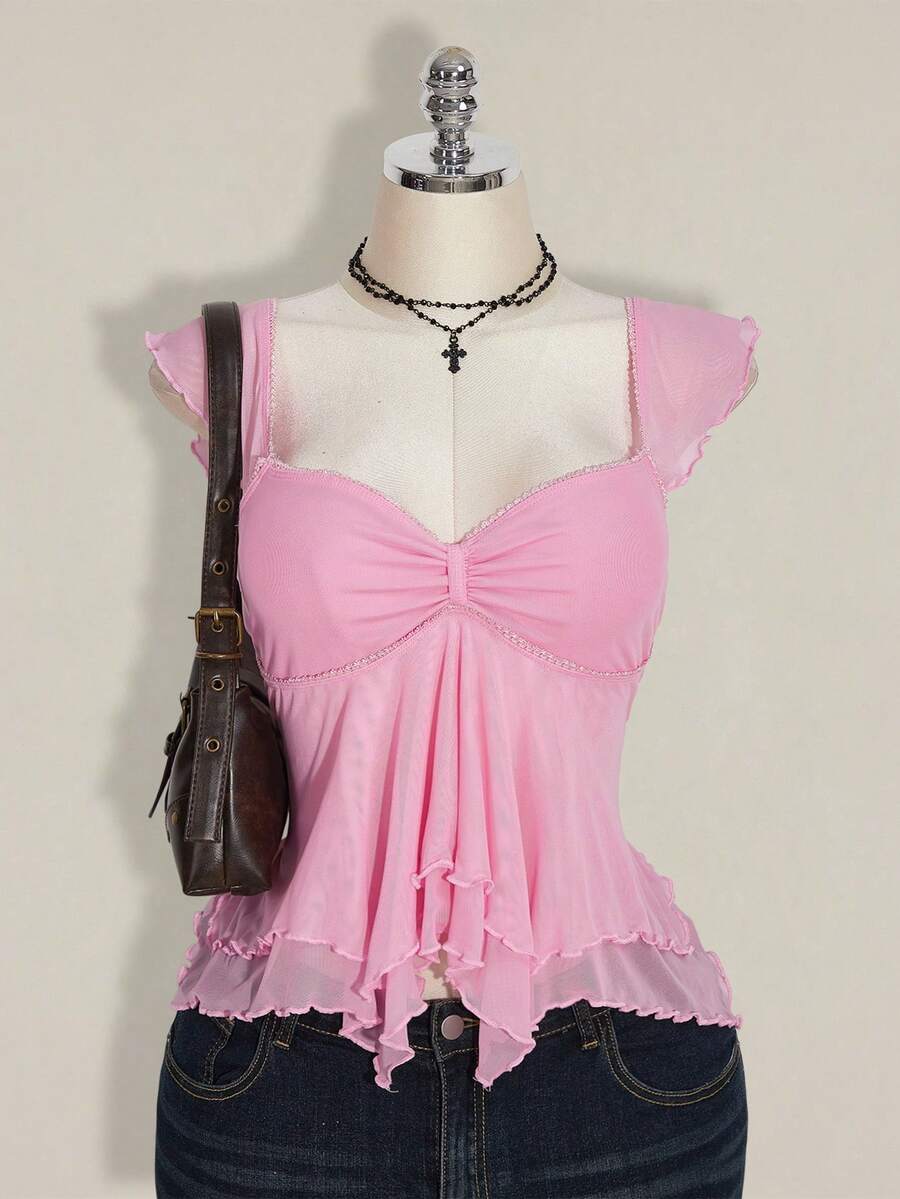 SHEIN ICON 大码女式褶皱前片修身性感网纱拼接荷叶袖露背休闲度假短款背心，秋季返校粉色可爱上衣粉色娃娃衫 - 粉色 - 查看 1