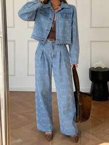 DAZY Women's Pleated Fashion Loose Straight Denim Jacket And Pants Set Y2k - Blue - View 1