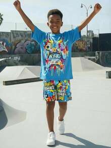 SHEIN Fantacosmos 2pcs Gaming Console Graphic Short Sleeve Tee And Shorts Set For Tween Boy - Multicolor - View 4
