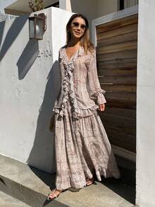 DAZY 2pcs Women's Floral Print Loose V-Neck Ruffle Flare Sleeve Shirt And Long Skirt Elegant Vacation Set, Spring/Autumn - Khaki - View 1