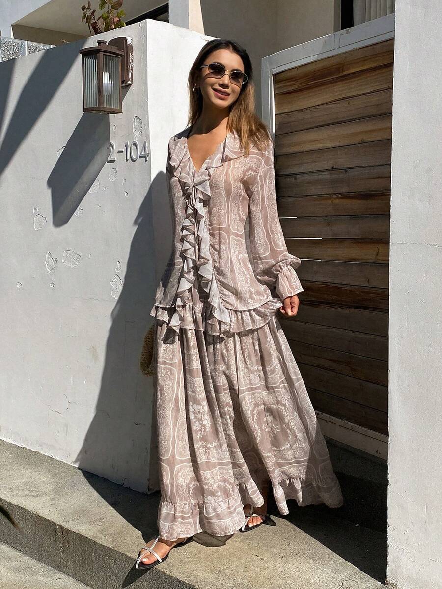 DAZY 2pcs Women's Floral Print Loose V-Neck Ruffle Flare Sleeve Shirt And Long Skirt Elegant Vacation Set, Spring/Autumn - Khaki - View 1