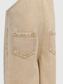 SHEIN 女婴水洗牛仔背带裤，碎花宽松连体裤 - 卡其色 - 查看 7