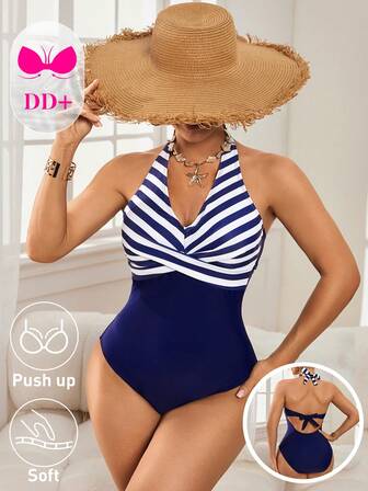 Swim DD+ 女士蓝白条纹连体泳衣，DD+罩杯，塑形显瘦，时尚百搭，适合海滩度假，夏季穿着