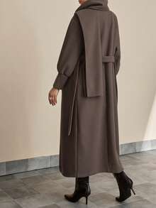 CLARA VERO Women's Long Coat With Draped Collar And With Shawl, Elegant And Warm Outerwear - Chocolate Brown - View 8
