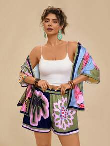 Travachic 大码女式热带水果植物印花不对称短袖衬衫上衣+沙滩短裤两件套，休闲度假 - 淺粉色 - 查看 4