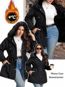 SHEIN Clasi Plus Size Women's Black Winter Casual Hiking Coat,Faux Fur Collar Hooded Zip-Up Jacket With Plush Lining,Drawstring Belt,Double Pockets,Warm Vintage - Black - View 1