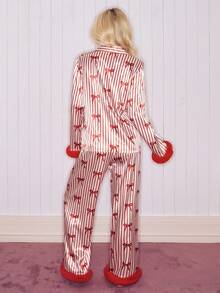 SweetSlumber Cute Bow Striped Pajamas, Feather Color Block Pajama Set, Valentine's Day Pajamas, Red Bow Striped Pajamas, Sweet Girl Pajamas, Pink Young Casual Pajama Set For Women Date Night Christmas Pajamas Women Cherry Pajamas Halloween Pajamas Women Gingerbread Pajamas Christmas Pajamas For Women - White - View 2