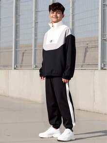 Vacaura 两件套青少年男童休闲黑白拼接拉链外套和裤子套装，适合春秋季户外活动 - 黑色 - 查看 1