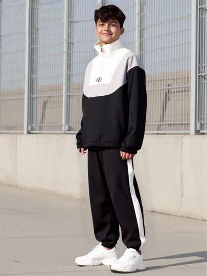 Vacaura 2pcs Teenage Boys' Casual Black, Grey & White Patchwork Zip-Up Jacket And Pants Set, Suitable For Spring/Autumn Outdoor Activities