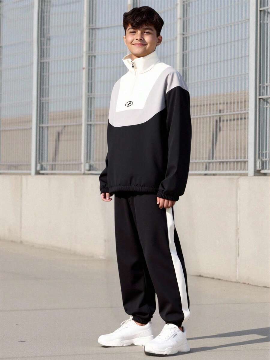 Vacaura 两件套青少年男童休闲黑白拼接拉链外套和裤子套装，适合春秋季户外活动 - 黑色 - 查看 1