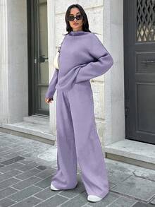SHEIN Tall 2pcs/Set Stand Collar Long Sleeve Pullover Top And Pants Casual Knit Suit - Mauve Purple - View 4