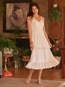 Lullawish Bohemian Ruffle Trim Contrast Color Slip Dress For Women - Khaki - View 6