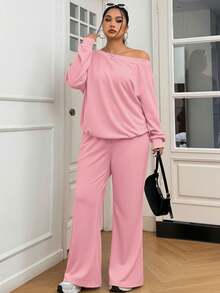 Solflare Bộ 2 món/Bộ áo hở vai và quần dài thường ngày cỡ lớn cho nữ, màu hồng - Hồng - Xem 6