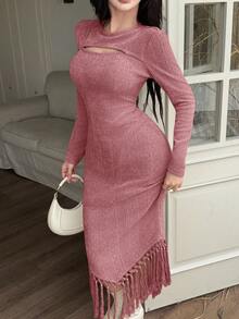 Feyla Đầm dài tay cổ tròn tua rua màu trơn thanh lịch dành cho nữ - Bụi hồng - Xem 6