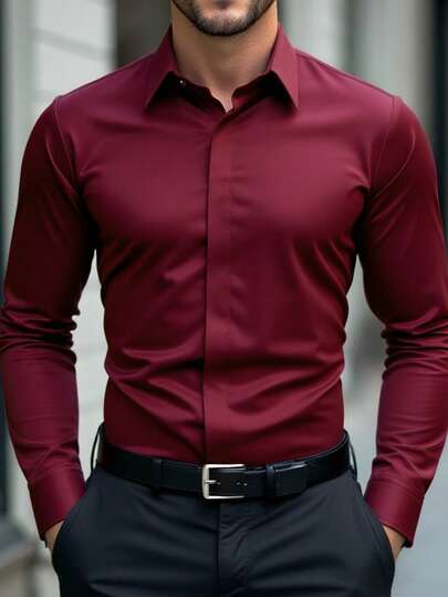 Manfinity Mode Men's Long Sleeve Dress Shirt | Solid Color Business Casual & Formal Button-Up, All-Season Comfort, Regular Fit For Office & Casual Attire, Smooth Texture Dark Red Shirt Burgundy Shirt For Men Men Dress Shirt Business Casual Men Shirt Maroon Shirt Men