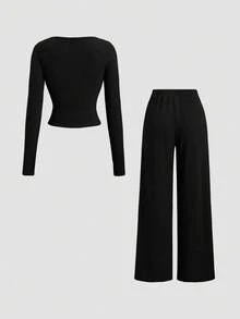 Sweetra Elegant Vintage Style Women's 2 Pieces Set, Featuring Ruffled Collar Design, Minimalist & Chic, Slim-Fitting Straight Leg, Versatile For Casual, Work, And Everyday Wear, Autumn/Winter - Black - View 2
