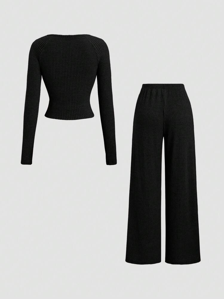 Sweetra Elegante conjunto de 2 piezas de estilo vintage para mujer, con diseño de cuello con volantes, minimalista y elegante, pierna recta ajustada, versátil para uso casual, laboral y diario, otoño/invierno - Negro - Añade 2