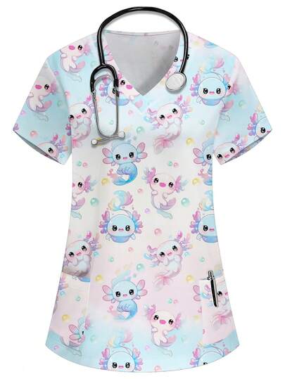 PopScrub Blusa de enfermera/médico con cuello en V azul, mangas cortas, bolsillos dobles y estampado de criaturas marinas, blusa de trabajo de unicolor para peluquería de mascotas, uniformes de nutricionista, bata de laboratorio funcional con múltiples bolsillos, alegre y adorable ropa de trabajo festiva