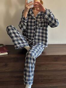 Dream Adore Blue & White Plaid Print Women Casual Long Sleeve Pajama Set With Collar Button Up Pajama Set Coffee Pajamas Sleep Wear Women Set Checkered Pajamas - Blue and White - View 5