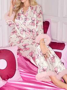 SweetSlumber Cute Bow & Feather Patchwork Satin Robe & Pants Pajama Set For Women Silk Pajamas Pajama Sets For Women Long Sleeve Women Pajamas Set Bow Pajamas - Baby Pink - View 5