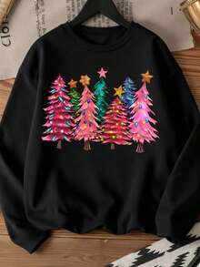 DrmWander Plus Size Women's Casual Christmas Tree Print Crew Neck Long Sleeve T-Shirt, Autumn Graphic Tees Women Tops For Spring - Black - View 1