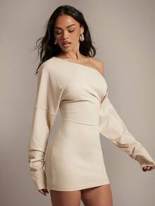 Hauture Women's Sexy Casual Asymmetric Off Shoulder Long Flare Sleeves Drape Mini Dress - Apricot - View 4