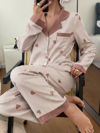 Dream Adore Contrast Color Collar Bubble Wrinkle Heart Striped Long Sleeve & Pants Women Pajama Set Stripe Heart Pajamas Women Lounge Wear Sets Button Up Pajamas Women Coffee Pajamas Pajama Sets
