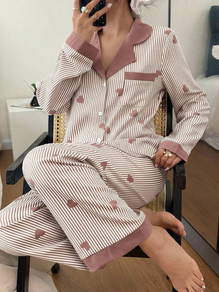 Dream Adore Ensemble pyjama femme à manches longues et pantalon avec col contrasté, motif à bulles, froissé, cœur et rayures - Multicolore - Voir 1