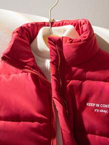 SHEIN 少女休闲百搭通勤宽松立领字母印花羽绒服，秋冬季保暖 - 酒紅色 - 查看 5