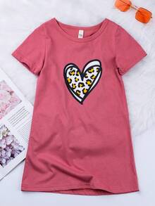 SHEIN Young Girl Leopard & Heart Print Tee Dress - Hot Pink - View 5