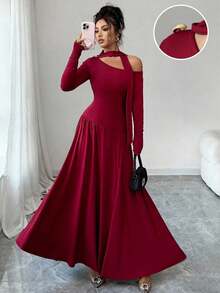 Elenzga Women's Soft Knit Burgundy Red Autumn Elegant Maxi Dress,Asymmetric Neck Tie Collar Long Sleeve Ruched Waist A-Line Dress For Dining,Dinner,Christmas - Burgundy - View 8