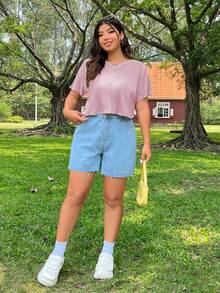 SHEIN EZwear Áo thun tay ngắn họa tiết gân màu hồng cỡ lớn, thường ngày, đa năng - Hồng - Xem 3