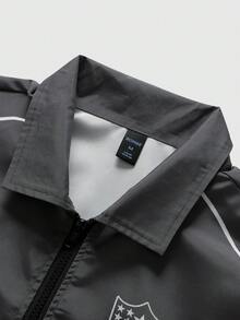ROMWE MEN Street Life Jaket Unisex Bergaya Motor Street dengan Motif Grafis Bahasa Inggris Amerika, Musim Gugur/Dingin - Dark Grey - View 6