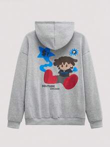 Open Phase 男士标语卡通图案落肩抽绳保暖连帽衫，适合秋冬季穿搭，日常搭配，送给男友/老公的礼物 - 灰色 - 查看 1