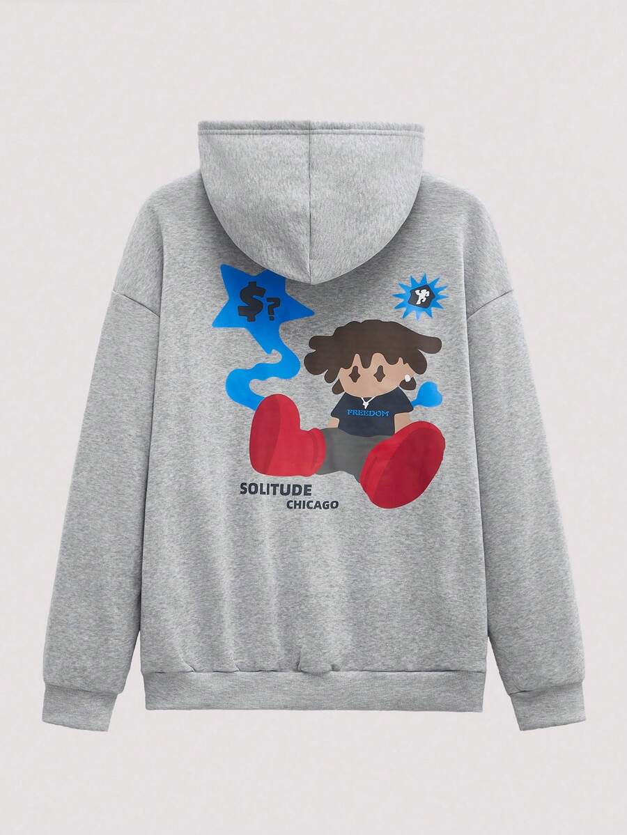 Open Phase 男士标语卡通图案落肩抽绳保暖连帽衫，适合秋冬季穿搭，日常搭配，送给男友/老公的礼物 - 灰色 - 查看 1