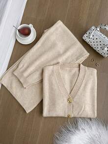 Comfortcana Conjunto informal de 2 piezas de talla grande para mujer, compuesto por un cárdigan de punto de manga larga con hombros caídos y pantalones de punto, para otoño/invierno - Caqui - Ver 6