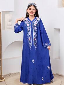 SHEIN 少女传统阿拉伯风格长袍，蓝色印花长裙，中东节日派对服饰 - 藍色 - 查看 5