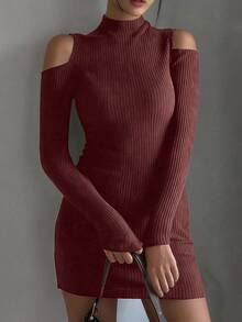 DAZY Women's Fashionable Sexy Ribbed Off-Shoulder Bodycon Mini Dress, Autumn