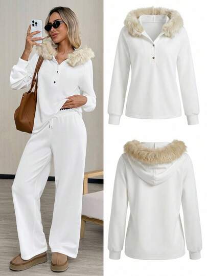 Easowa 女士仿毛皮边饰连帽卫衣，柔软白色长袖纽扣衬衫上衣，适合秋冬季节穿着。这款时尚的女士白色长袖上衣，配有舒适的仿毛皮帽子和纽扣细节，适合日常穿着。