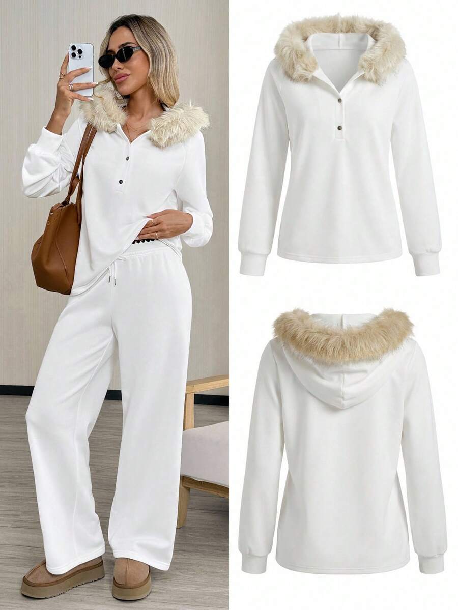 Easowa Women's White Long Sleeve Faux Fur Trim Hooded Sweatshirt,Autumn Casual Everyday Button Up Blouse Top For Fall Winter Chic Cozy Soft Detailing - White - View 1
