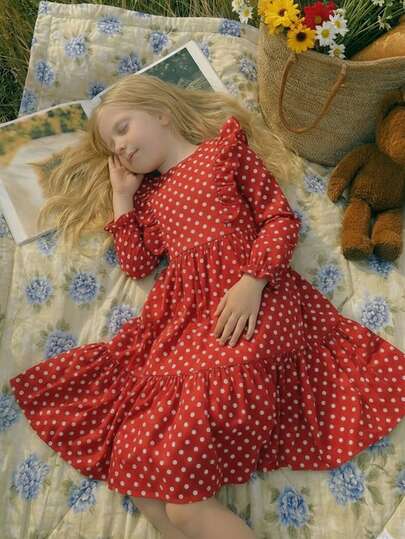 Emery Rose Kids Young Girls Red Polka Dot Dress, Girls Polka Dot Dress Spring/Autumn, Princess Dress, Children Long Sleeve Sweet & Stylish