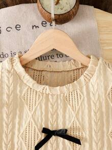 少女休闲蝴蝶结装饰纯色休闲半身裙套装，适合日常穿着 - 杏色 - 查看 4