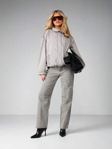 MISSGUIDED Polka Dot Denim Bomber Jacket With Zipper Closure Oversized Casual Fall Winter Outerwear - Beige - View 4