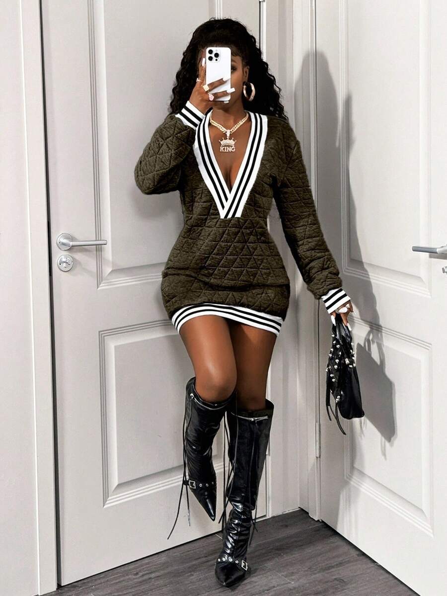 BamGleam Deep V-Neck Textured Padded Knit Striped Long Sleeve Fashionable Winter Mini Dress - Army Green - View 1