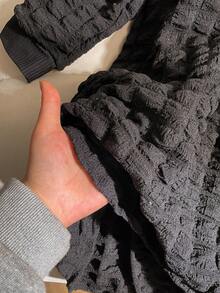 1pc Girls' Spring/Autumn High Collar Black Textured Puff Sleeve Waist Fitted Knit Dress, Elegant Style For Party, School, Daily Wear - Black - View 6